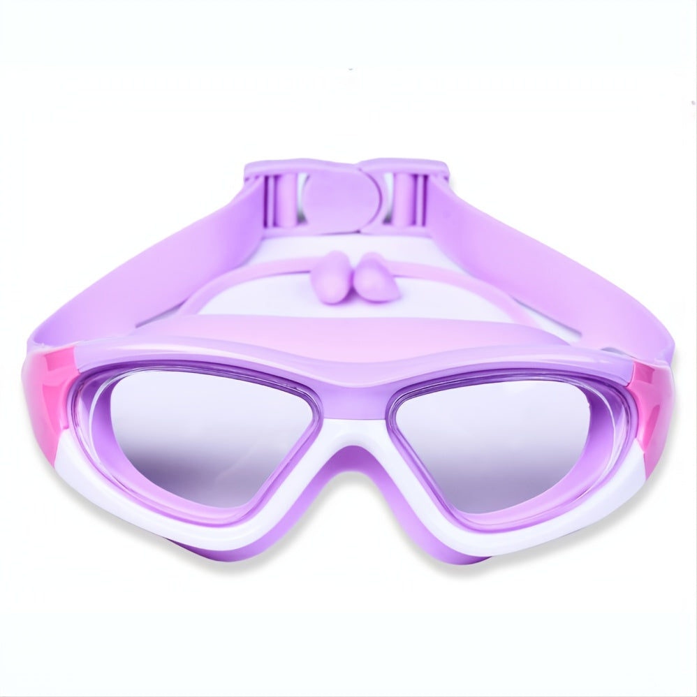 Anti-fog kids swim goggles with large clear frame for uninterrupted swimming.