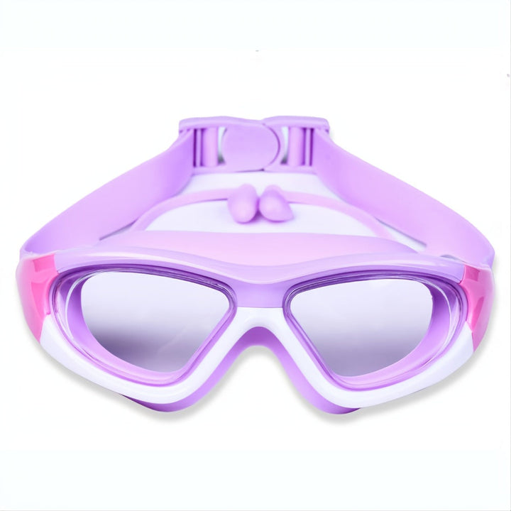 Anti-fog kids swim goggles with large clear frame for uninterrupted swimming.