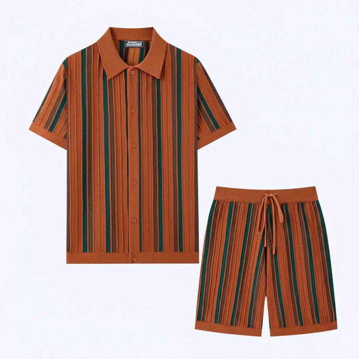 Comfortable men's striped short sleeve shirt and elastic waist shorts. Perfect casual summer outfit.