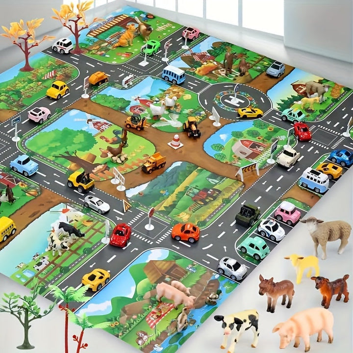 Kids' interactive play mat: Farm & Traffic Adventure with toys. Early learning & motor skills development.