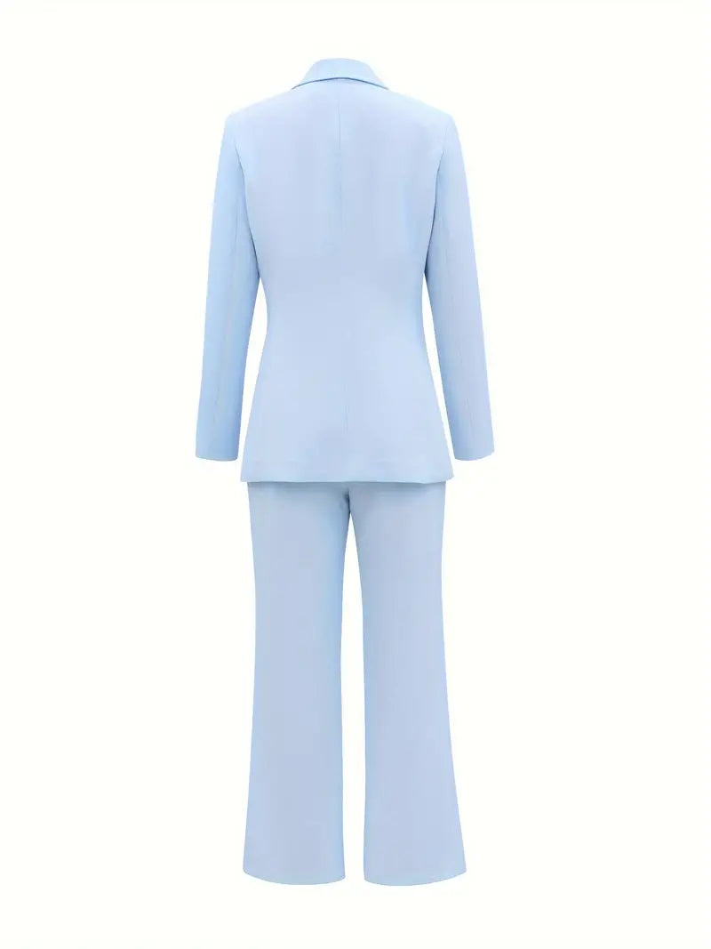 Light blue women's elegant lapel blazer and high-waisted pant suit, perfect for office or formal wear.
