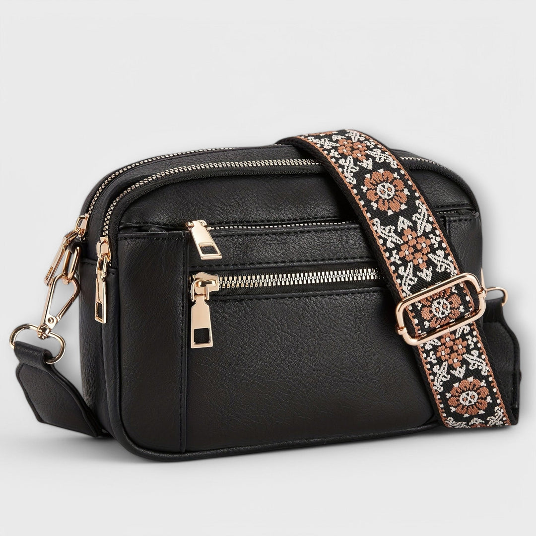 Elegant women's retro fashion bag; vegan leather crossbody with a unique, colorful boho adjustable strap.