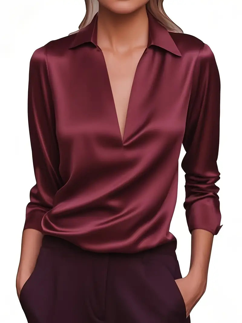 Refined women's long sleeve V-neck blouse. Collared and elegant, perfect for business casual wardrobes.