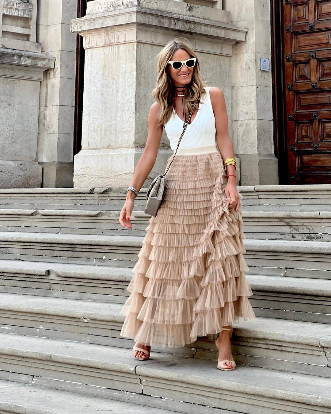 Women's Layered Tulle Midi A-Line Skirt