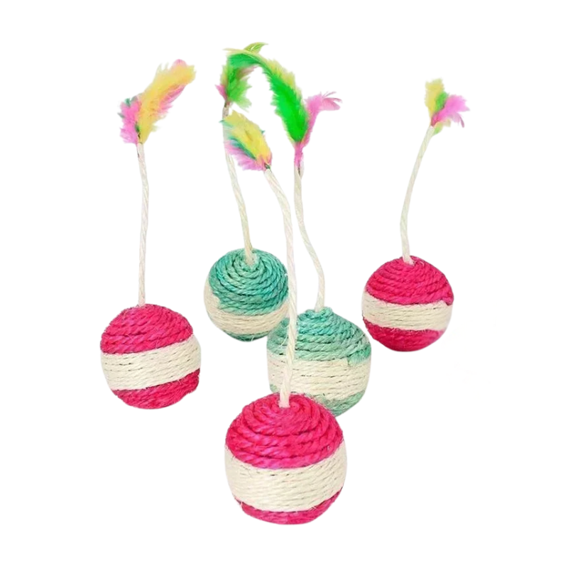 Multi-pack feather & sisal cat scratch ball toys. Interactive kitten & cat accessories for stimulating feline play.