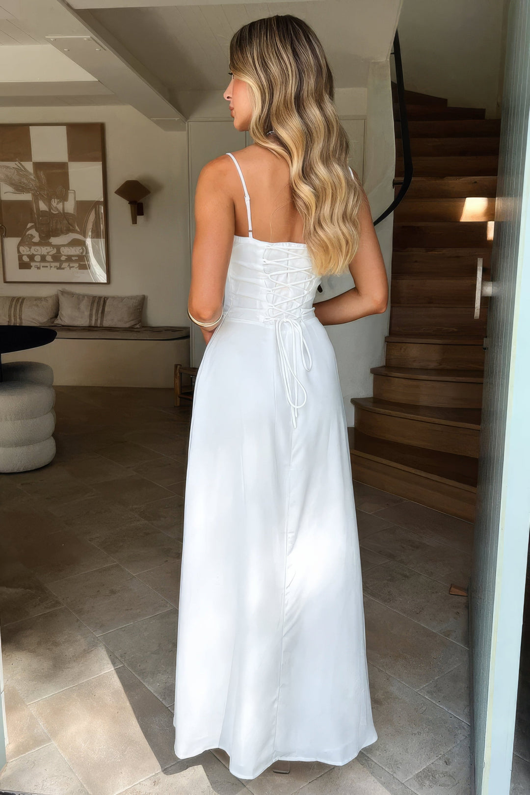 Women's A-line maxi dress, sweetheart neckline, corset bodice, and delicate tie details for a chic look.