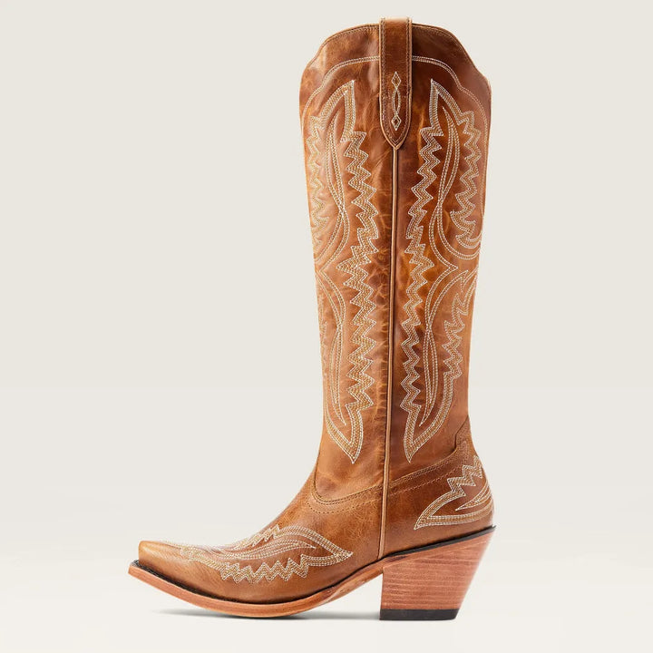 Close-up of women's patterned tall boots, highlighting the pointed toe, zip, and unique design.