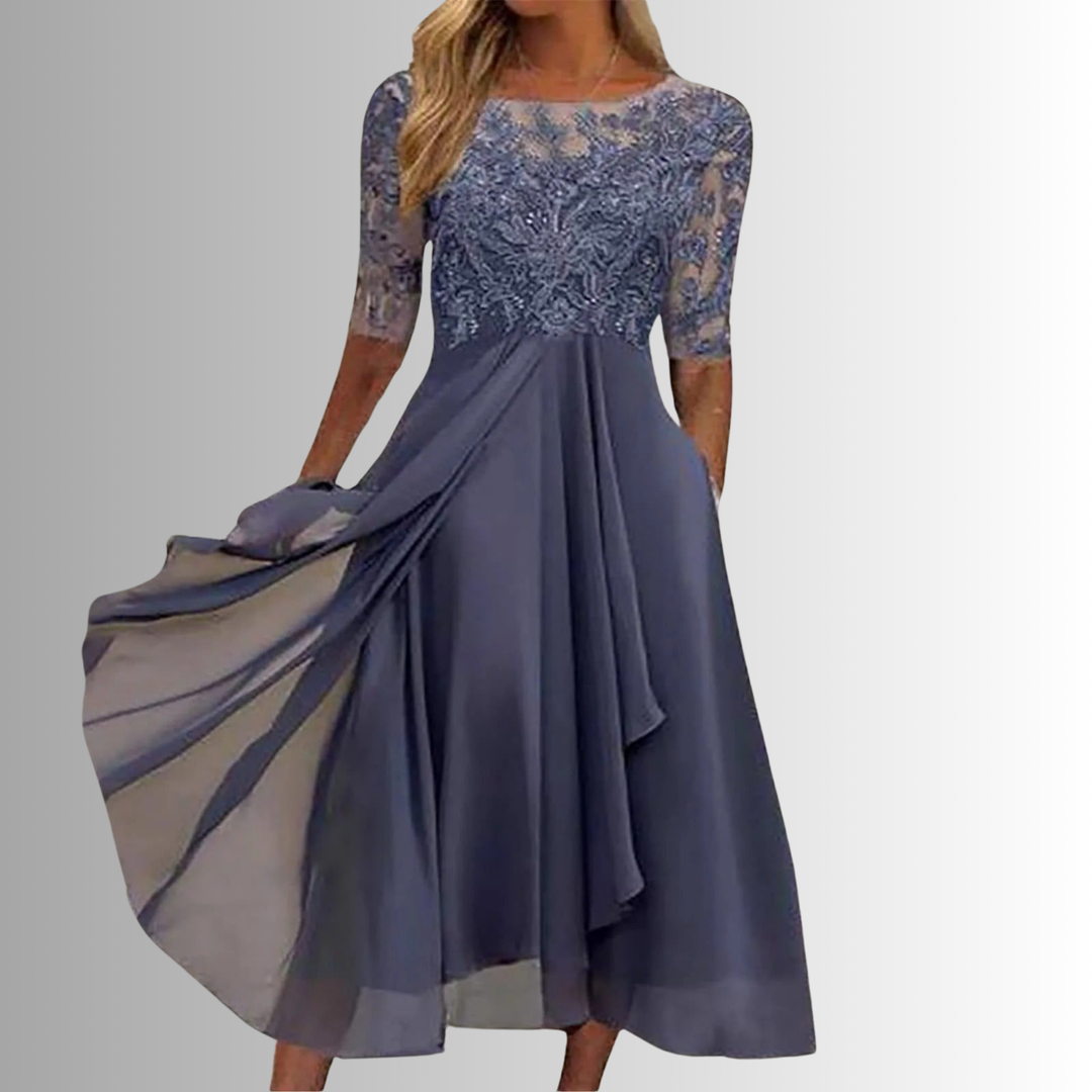 Flattering A-line women's midi dress featuring an elegant lace top and comfortable half sleeves. Evening fashion.