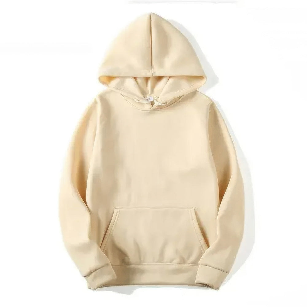 Back view of a warm unisex hoodie, emphasizing relaxed fit and everyday style. A comfortable winter pullover.