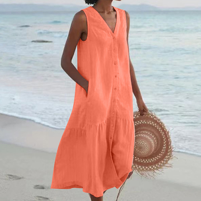 Elegant casual women's sleeveless midi dress with a flattering v-neck and practical button front for summer.