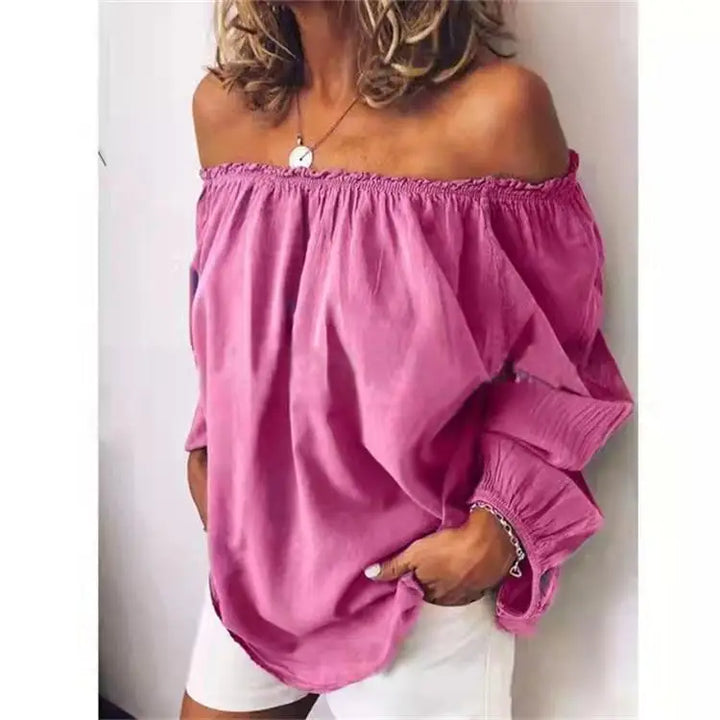 Fashionable women's off-shoulder blouse with elegant long balloon sleeves, a trending top.