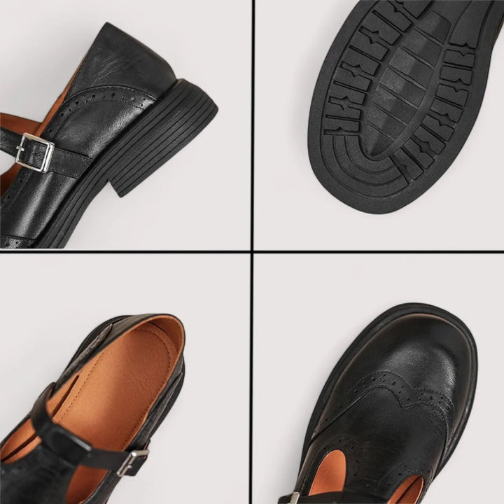 Brown Mary Jane shoes for women, featuring a comfortable strap and sophisticated brogue perforations.