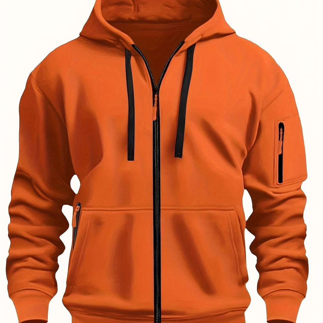 Men's hooded zip-up, a classic for casual and outdoor apparel.