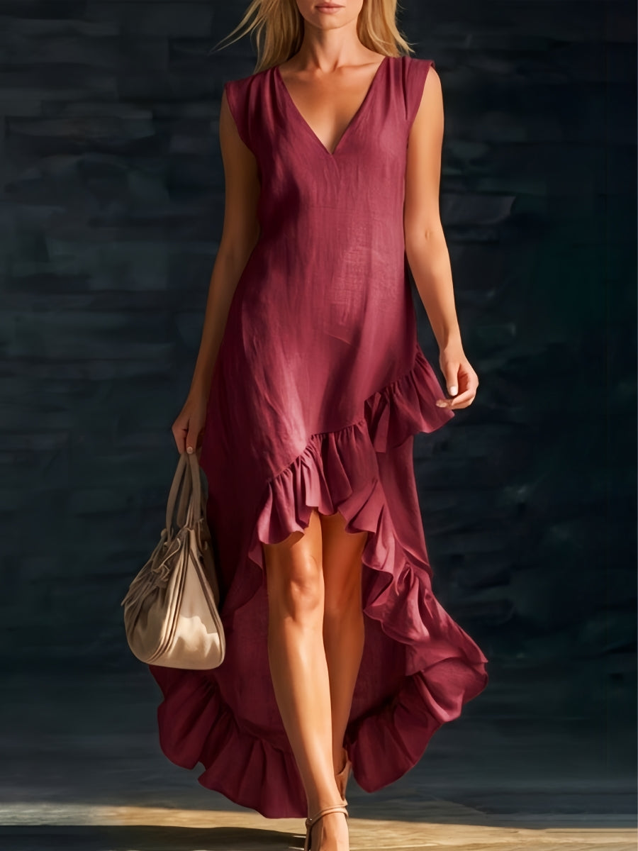 Effortless summer style in a women's flowy ruffle high-low boho midi dress, perfect for casual elegance.