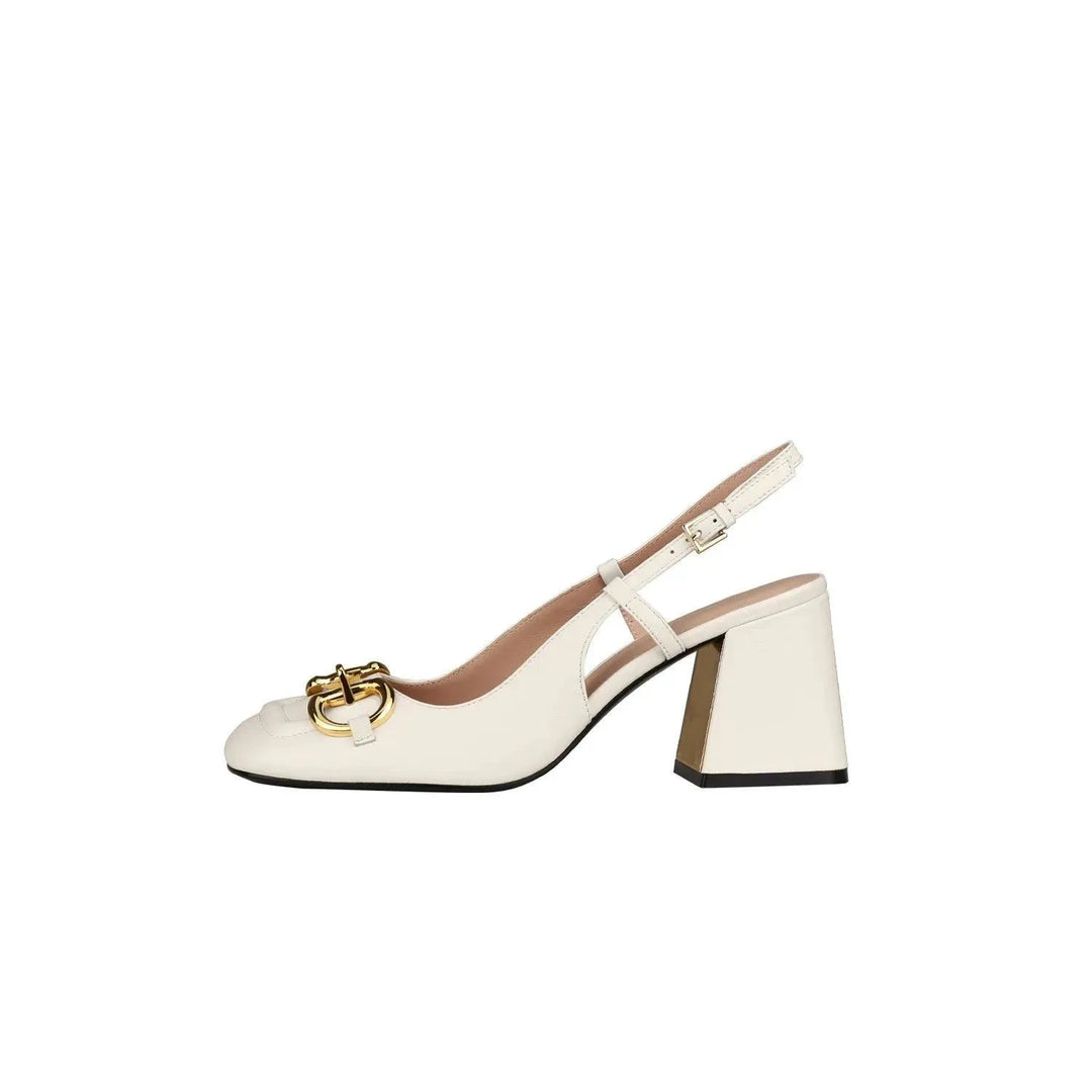 Women's classic square-toe high heels with a delicate buckle, perfect for elegant events.