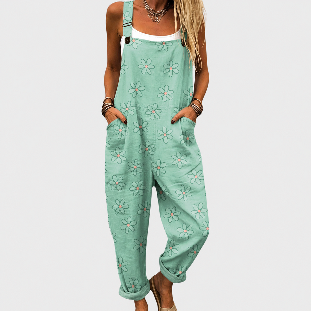 Women's comfortable printed wide-leg jumpsuit with adjustable straps, perfect for casual summer wear and everyday fashion.