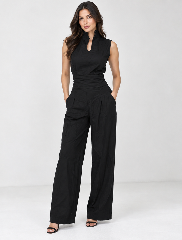 Elegant sleeveless wide leg jumpsuit, perfect for versatile fashion, summer outfits or smart casual.
