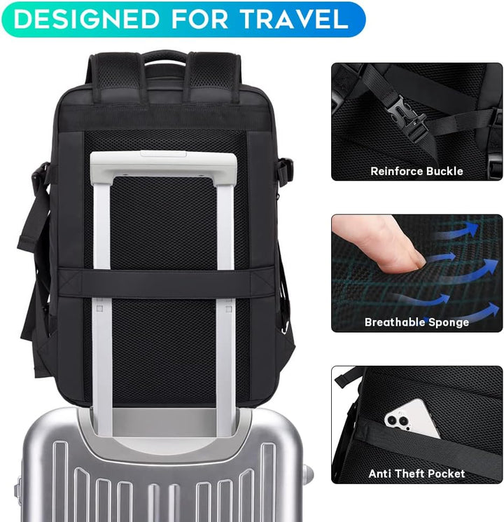 Stylish unisex carry-on travel backpack, expandable 26-45L, featuring a secure anti-theft laptop sleeve.
