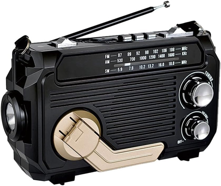 Compact outdoor emergency radio with solar, dynamo, flashlight, and power bank for camping and disasters.