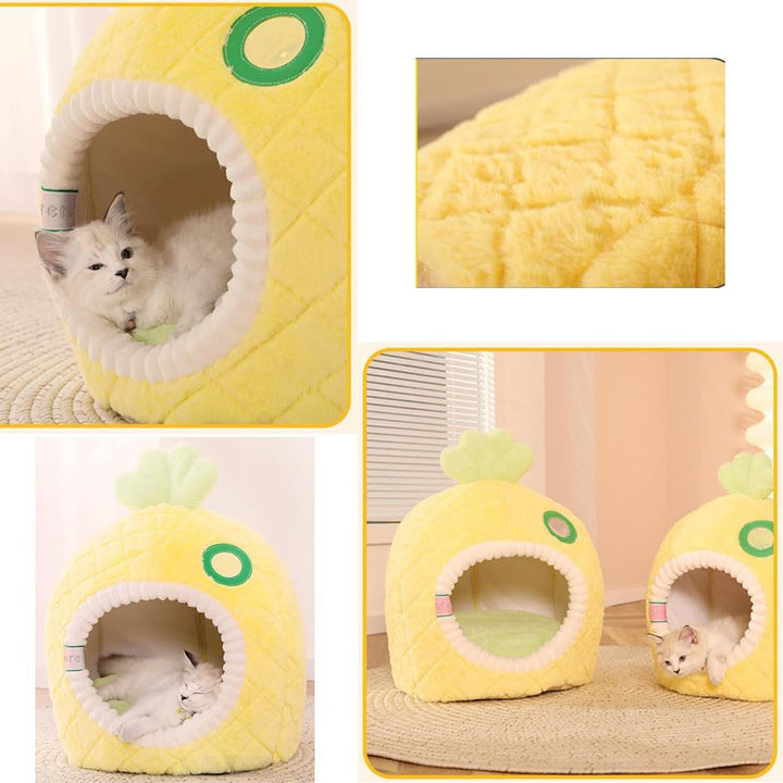 Adorable pineapple-shaped cat bed. A soft, cozy cat cave providing a safe, warm sleeping spot for pets.