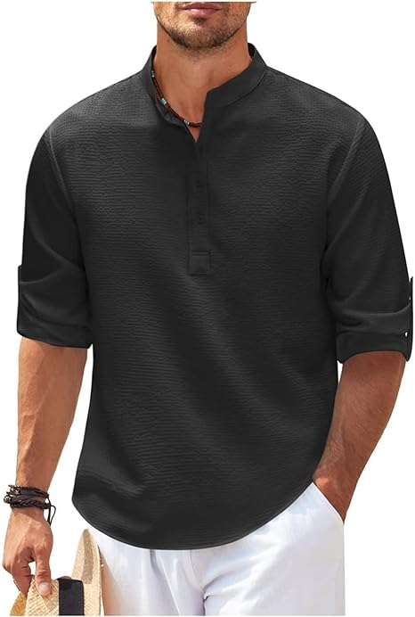 Comfortable men's relaxed fit casual shirt. Modern band collar design, ideal for summer everyday wear.