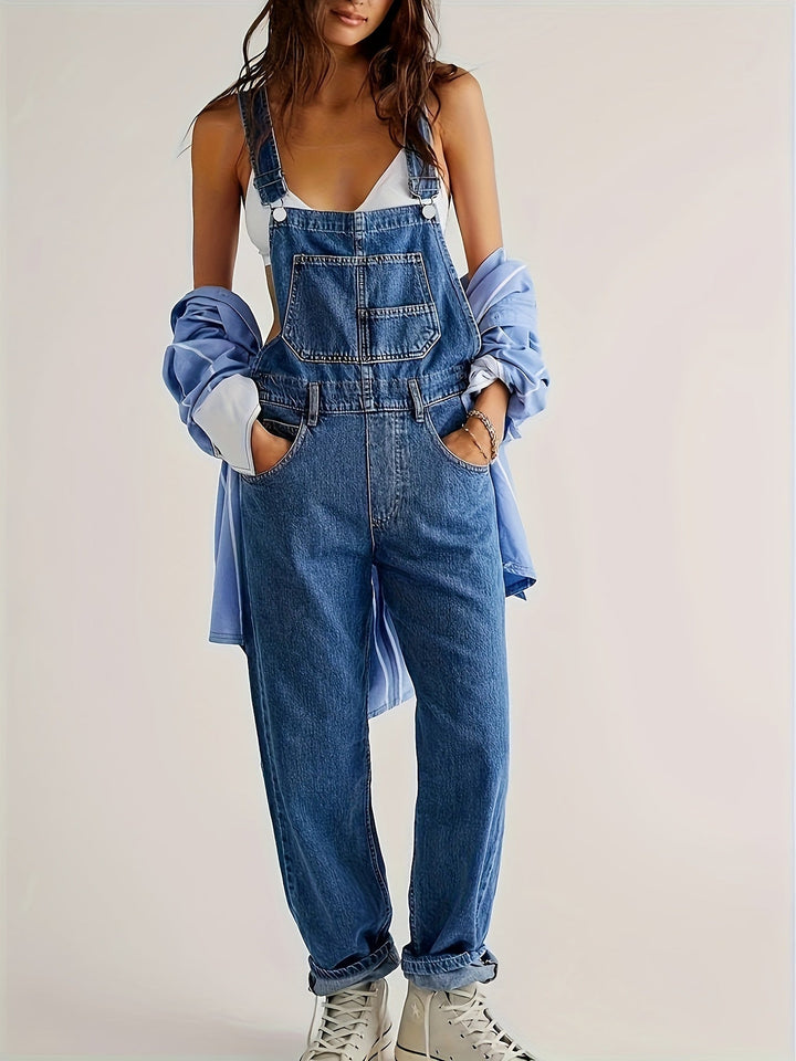 Comfortable ladies denim overalls, loose fit dungarees with back pockets, perfect for casual fashion.