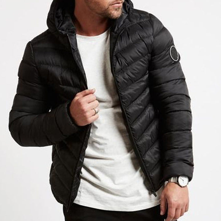Warm men's hooded puffer jacket, full zip. Durable winter coat for extreme cold & outdoor activities.