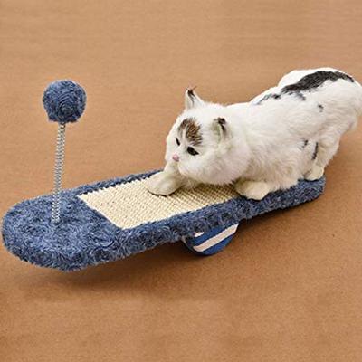Playful brown cat rocker with integrated scratching board for feline entertainment & claw care. Interactive cat toy.