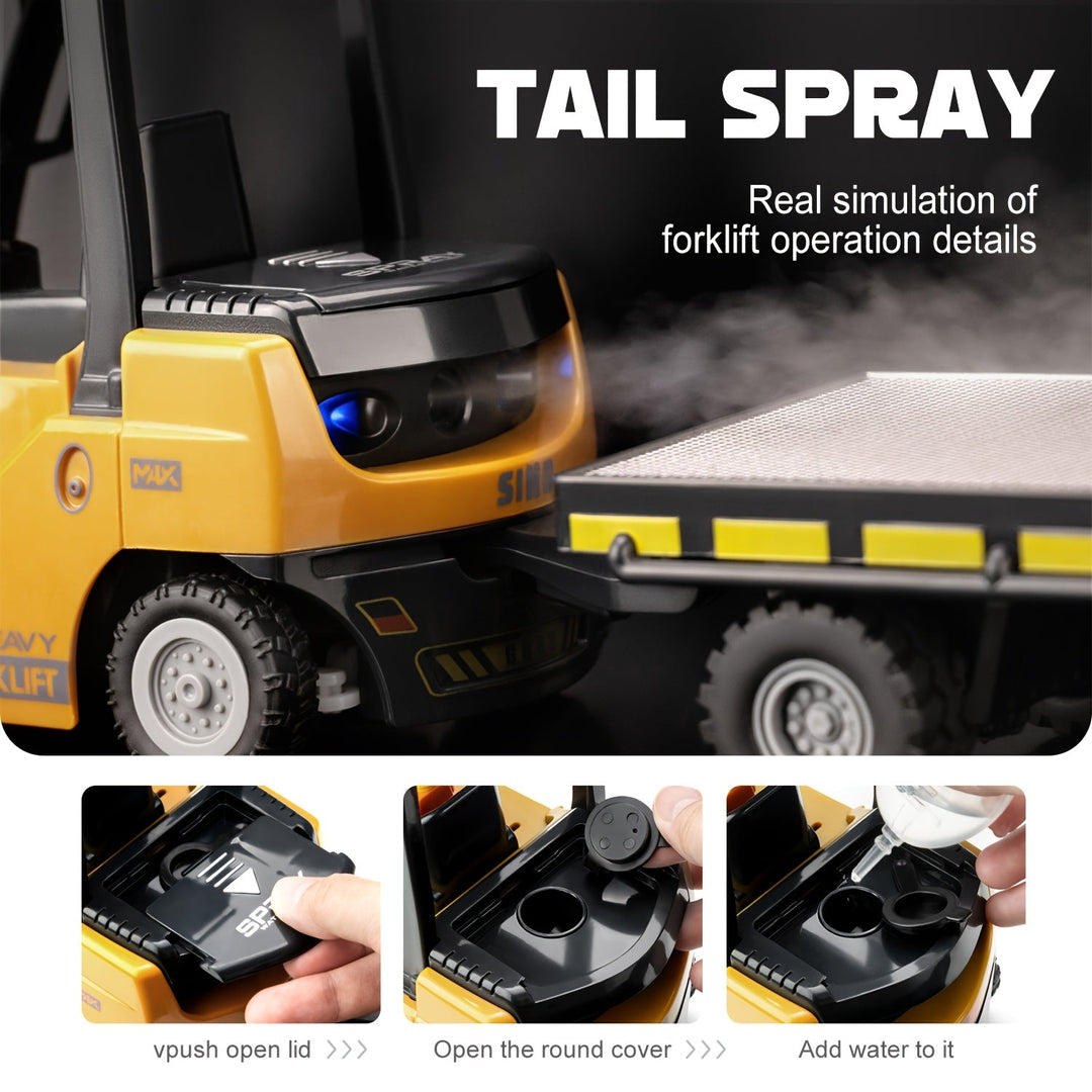 Durable remote control forklift toy for kids' imaginative construction fun, with lights & trailer.