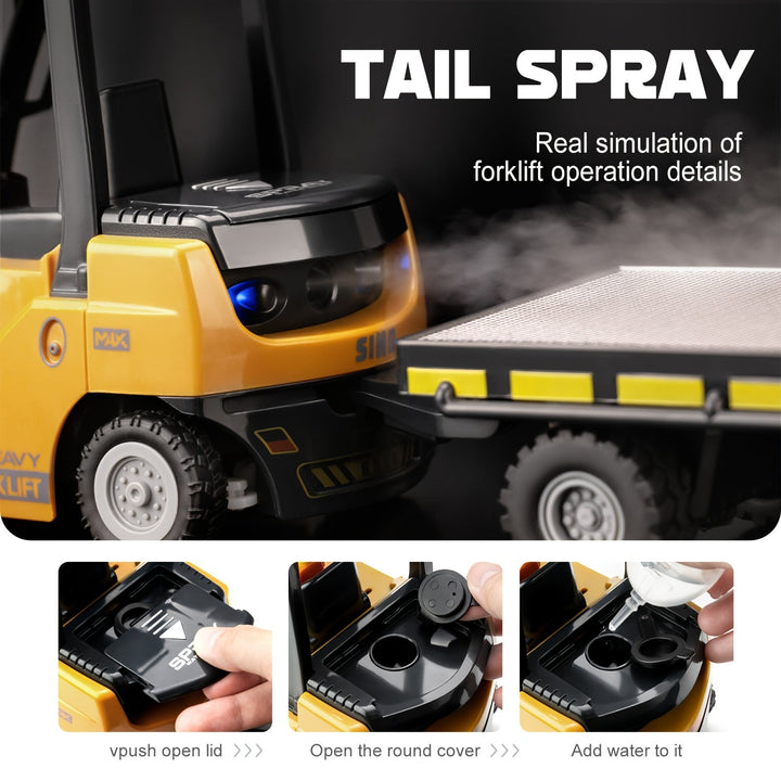 Durable remote control forklift toy for kids' imaginative construction fun, with lights & trailer.