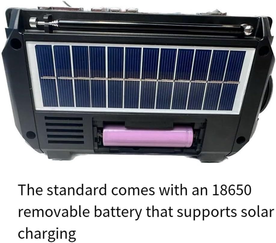 Weather alert emergency radio, solar/hand crank powered, with flashlight & power bank for outdoor safety.