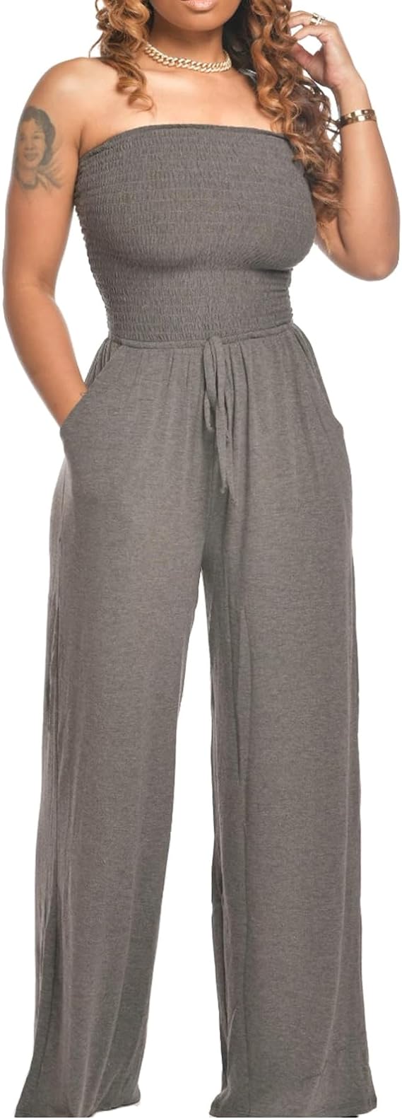 Comfortable and elegant off-shoulder smocked jumpsuit, a versatile women's outfit.