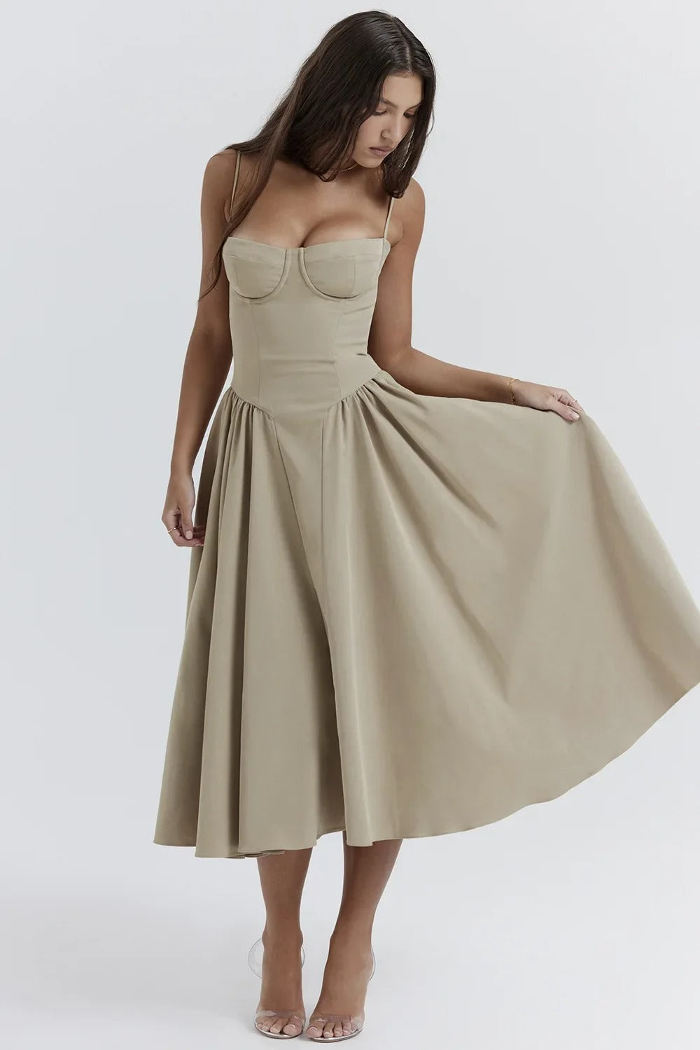 Sleek women's elegant sleeveless corset midi dress. Ideal for formal events and stylish gatherings.