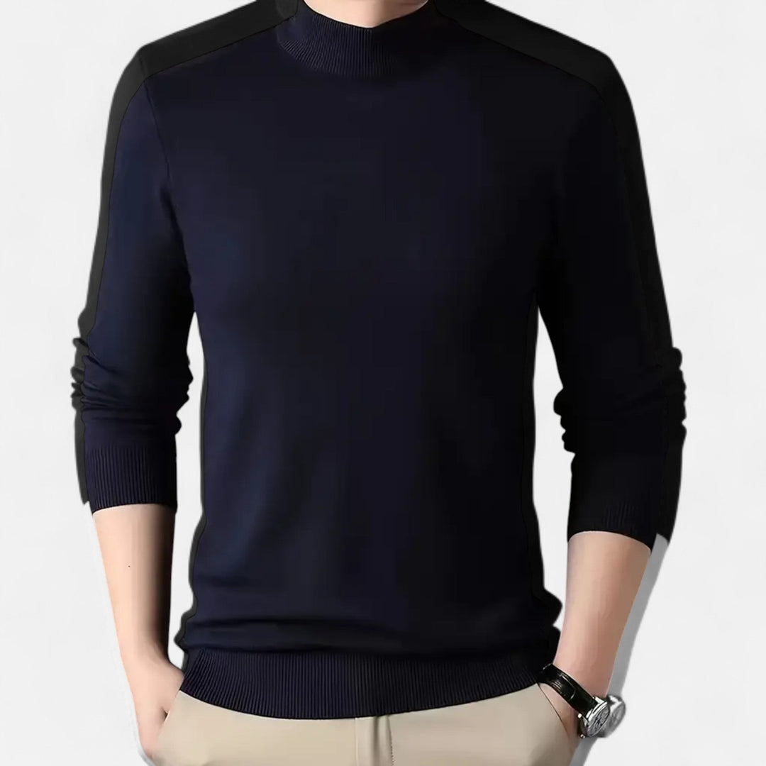 Warm men's knit stand-collar sweater, long sleeve, comfortable & fashionable for cold weather.
