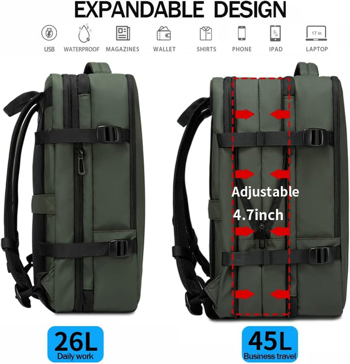 Anti-theft travel backpack, waterproof, 26-45L expandable, keeps valuables safe.