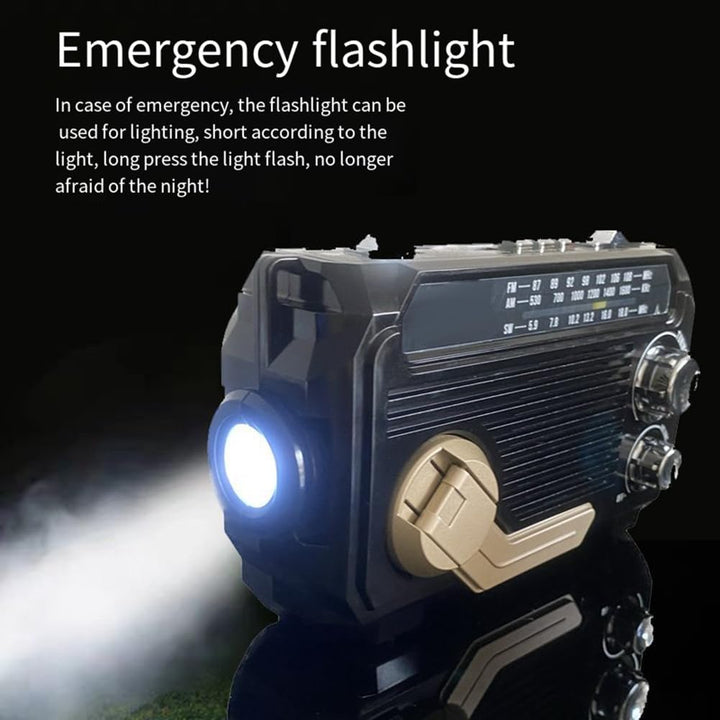 Stay connected with this robust outdoor emergency radio: solar, dynamo, flashlight, and power bank in one.