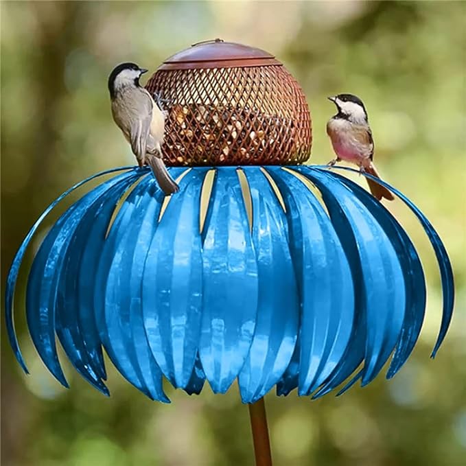 Artistic metal flower bird feeder, adding charm and attracting birds to your garden.