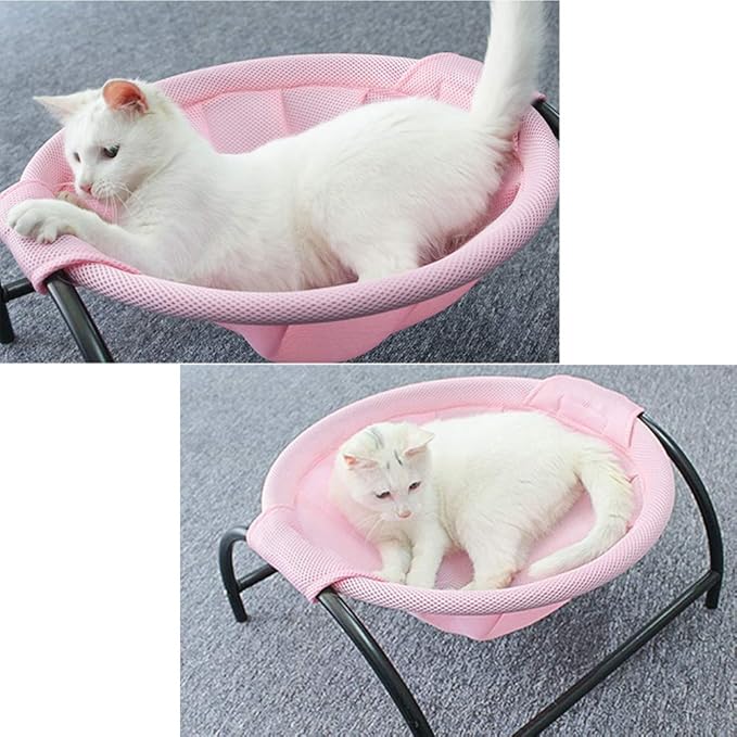 Cozy cat hammock bed with breathable fabric & sturdy metal frame, an elevated pet perch for feline comfort.