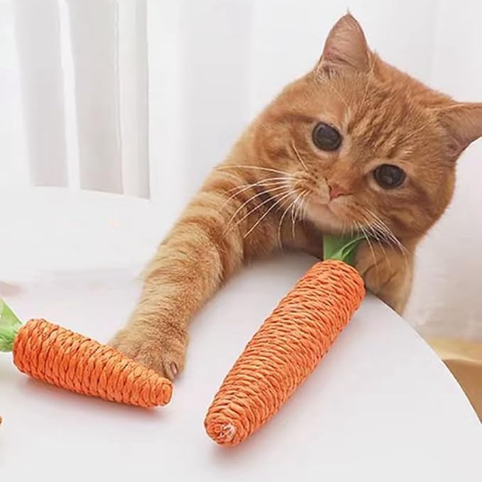 Vibrant orange sisal carrot scratching post, a fun & durable cat toy for feline claw care.