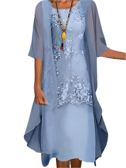 Elegant women's midi wedding guest dress with flowing sheer sleeves, perfect for formal events & parties.