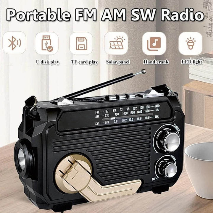 Durable outdoor emergency radio, solar & dynamo powered, ensuring reliable communication & lighting anywhere.