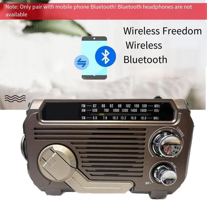 Essential outdoor survival gear: emergency radio, power bank, and LED flashlight for camping & emergencies.