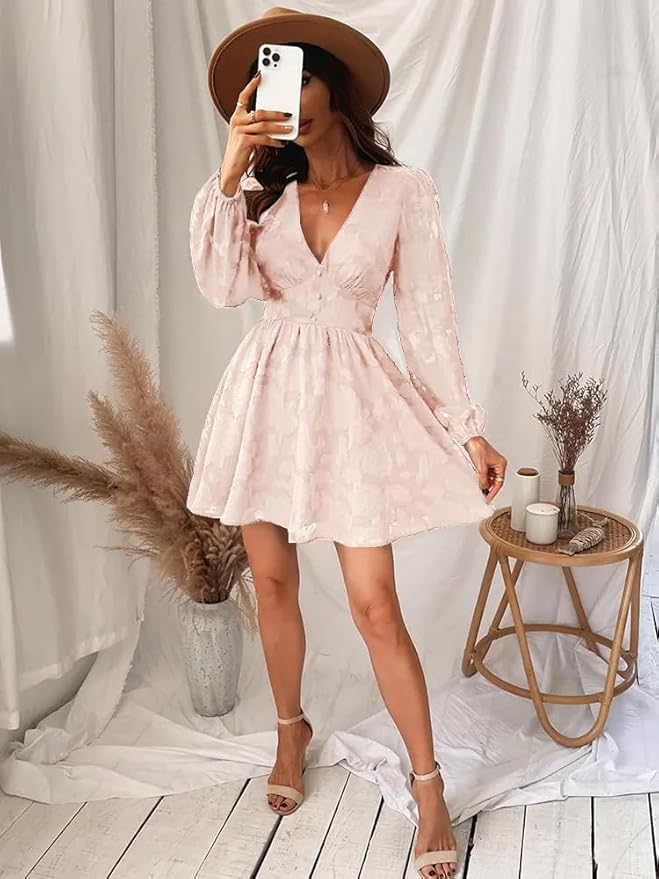 Floral V-Neck Long Sleeve Cocktail Dress