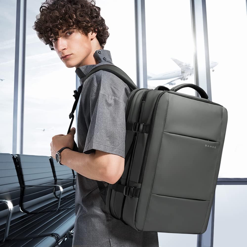 Waterproof travel backpack with integrated laptop sleeve, 26-45L expandable capacity.