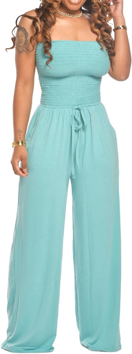 Off-shoulder and smocked women's jumpsuit, a comfortable and chic summer staple.