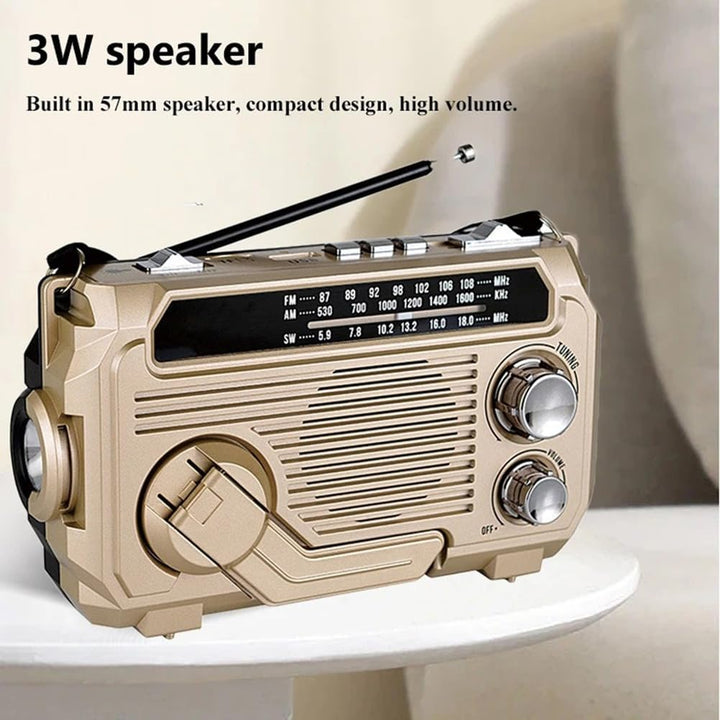 Multi-functional emergency weather radio with built-in solar, dynamo, flashlight, and phone charger.