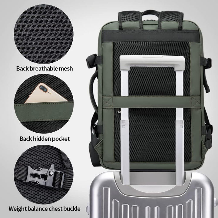 Versatile travel backpack, 26-45L expandable, waterproof, functions as a laptop bag & duffle.