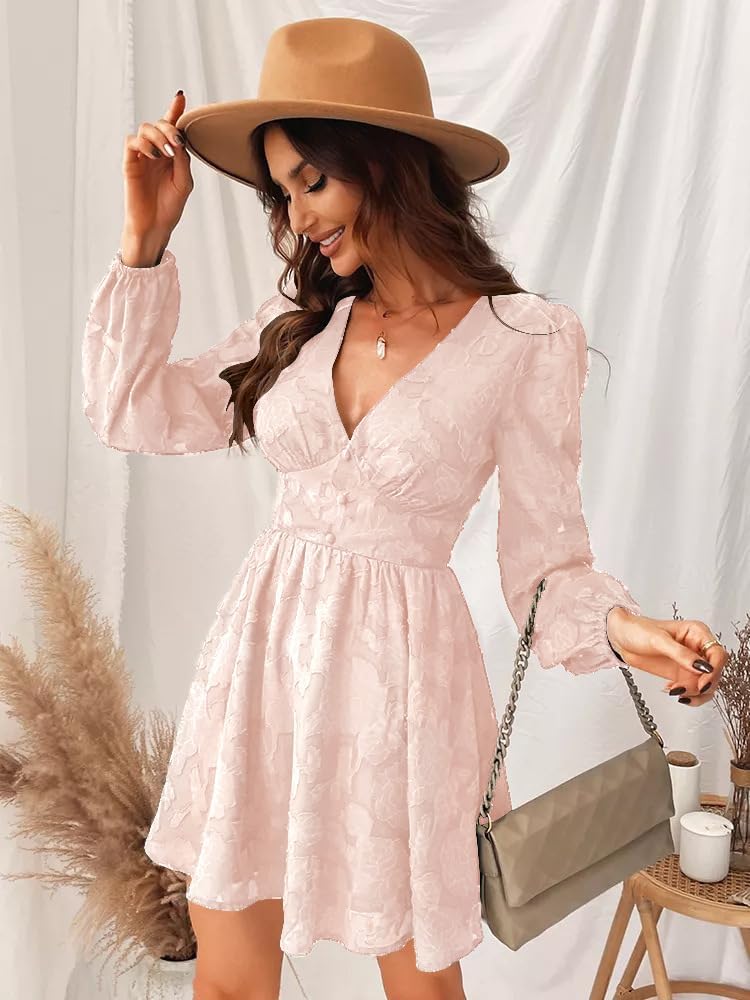 Floral V-Neck Long Sleeve Cocktail Dress