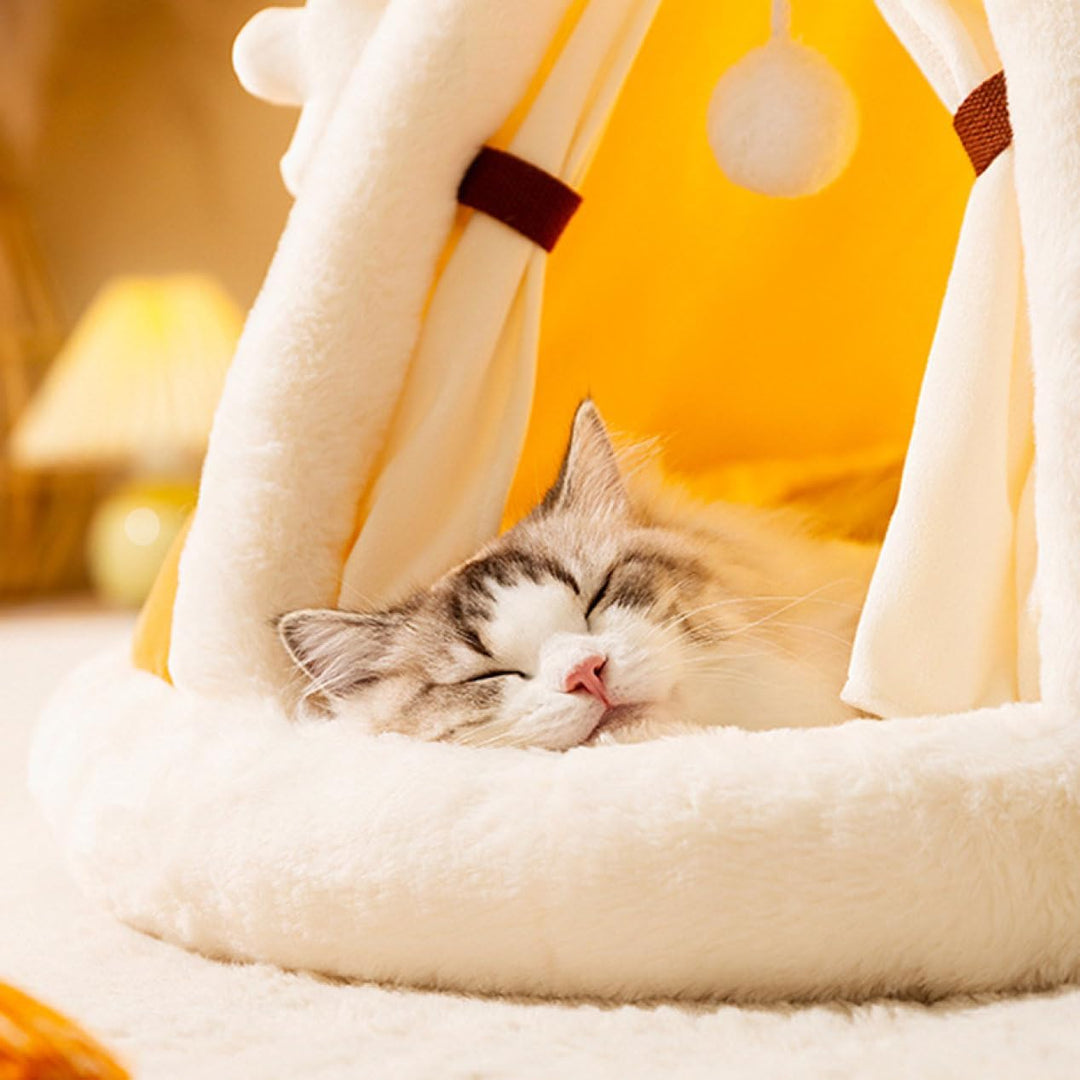 Cozy plush cat tent, a comfortable pet bed and hideaway for cats, ideal for play or a relaxing nap.