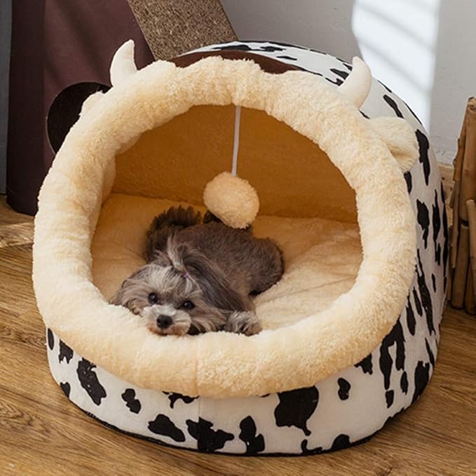 Unique cow design cat house, a plush & cozy pet bed for small cats, ensuring comfortable sleep.
